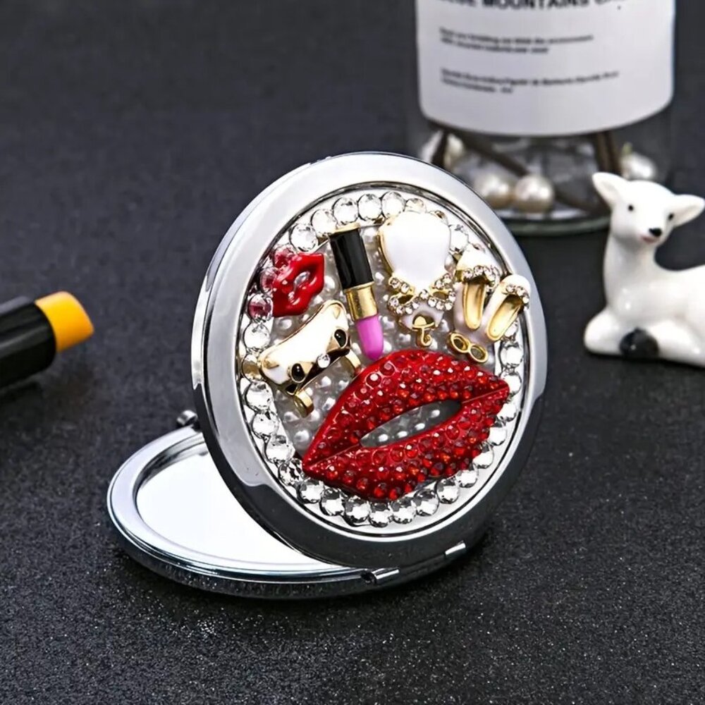 Glam Rhinestone Compact Makeup Mirror with 1x/2x Magnification & Chic Charms - Picture 6 of 8